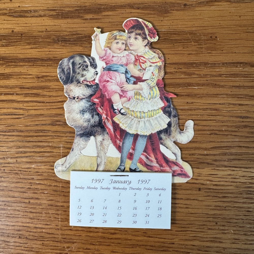 Vintage 1997 Die Cut Magnet Mini Calendar Victorian Lady Girl Dog